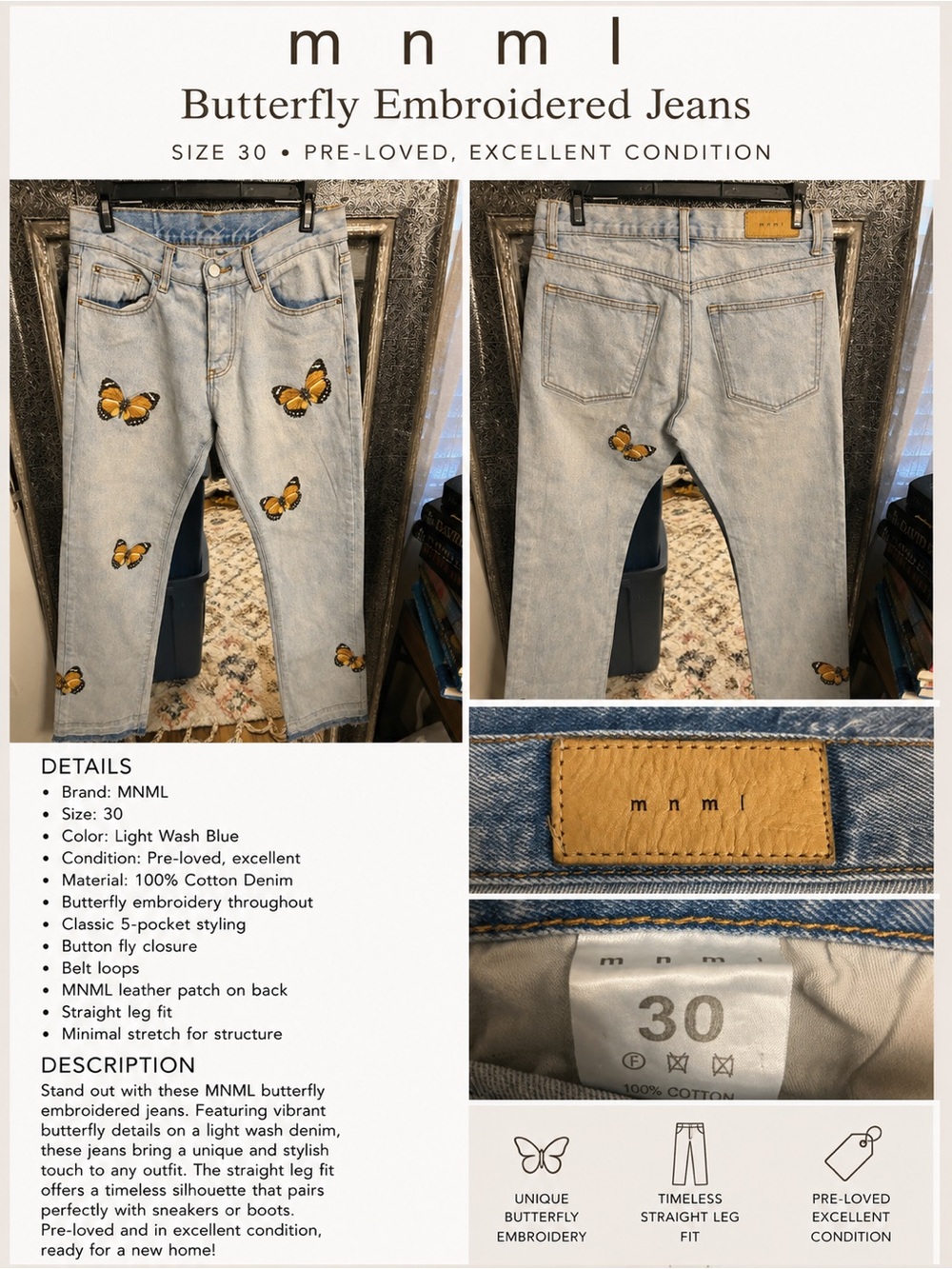 MNML Light Wash Blue Jeans with Orange Butterfly Embroidery